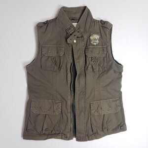 Mrs Pepper Utility Cargo Vest Women L Olive Green Cotton Pockets Studded Vtg Y2K